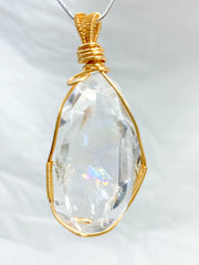 Enchanted Clear Quartz Gold Wrapped Rainbow Pendant