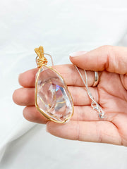 Enchanted Clear Quartz Gold Wrapped Rainbow Pendant