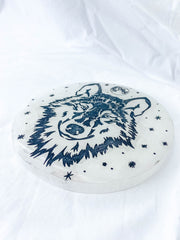 Selenite Wolf Totem Plate Full Moon | Large