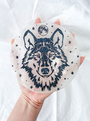 Selenite Wolf Totem Plate Full Moon | Large
