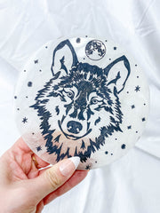 Selenite Wolf Totem Plate Full Moon | Large