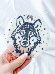 Selenite Wolf Totem Plate Full Moon | Large