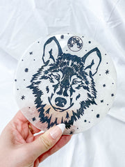 Selenite Wolf Totem Plate Full Moon | Large