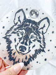 Selenite Wolf Totem Plate Full Moon | Large