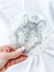 Selenite Wolf Totem Plate Full Moon | Large