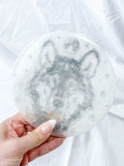 Selenite Wolf Totem Plate Full Moon | Large