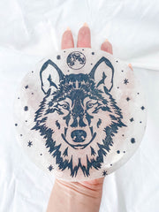Selenite Wolf Totem Plate Full Moon | Large