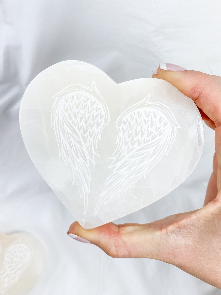 Selenite Heart Guardian Angel Wings Plate, Large – Love Crystals