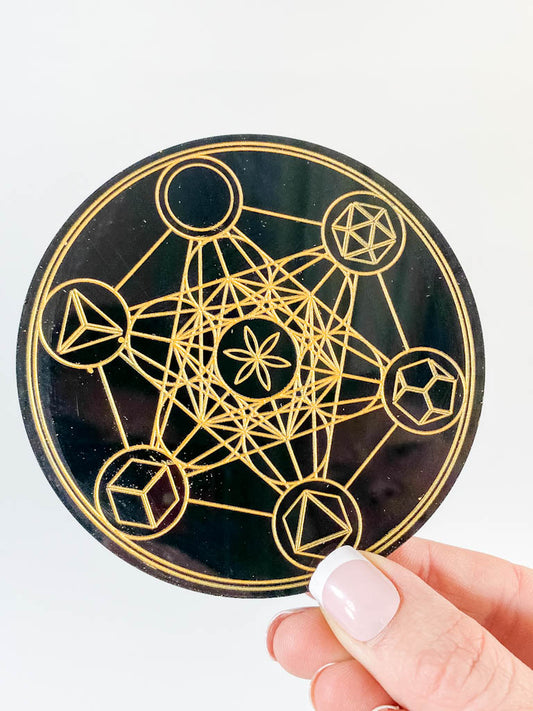 Metatrons Cube with Platonic Solids Sacred Geometry Grid Disc | Black Acrylic