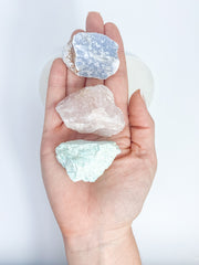 Harmony Trio Heart Plate: Selenite + Amazonite + Blue Calcite + Rose Quartz
