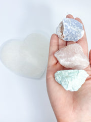 Harmony Trio Heart Plate: Selenite + Amazonite + Blue Calcite + Rose Quartz