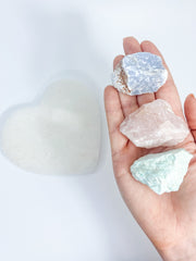 Harmony Trio Heart Plate: Selenite + Amazonite + Blue Calcite + Rose Quartz