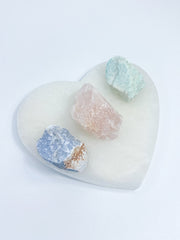 Harmony Trio Heart Plate: Selenite + Amazonite + Blue Calcite + Rose Quartz