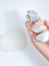 Harmony Trio Heart Plate: Selenite + Amazonite + Blue Calcite + Rose Quartz