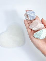 Harmony Trio Heart Plate: Selenite + Amazonite + Blue Calcite + Rose Quartz