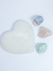 Harmony Trio Heart Plate: Selenite + Amazonite + Blue Calcite + Rose Quartz