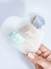 Harmony Trio Heart Plate: Selenite + Amazonite + Blue Calcite + Rose Quartz