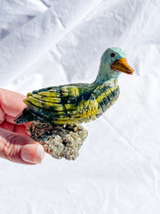 Peruvian Carved Crystal Duck on Pyrite Cluster 207g