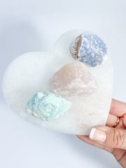 Harmony Trio Heart Plate: Selenite + Amazonite + Blue Calcite + Rose Quartz