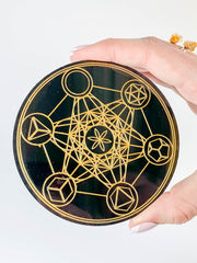 Metatrons Cube with Platonic Solids Sacred Geometry Grid Disc | Black Acrylic