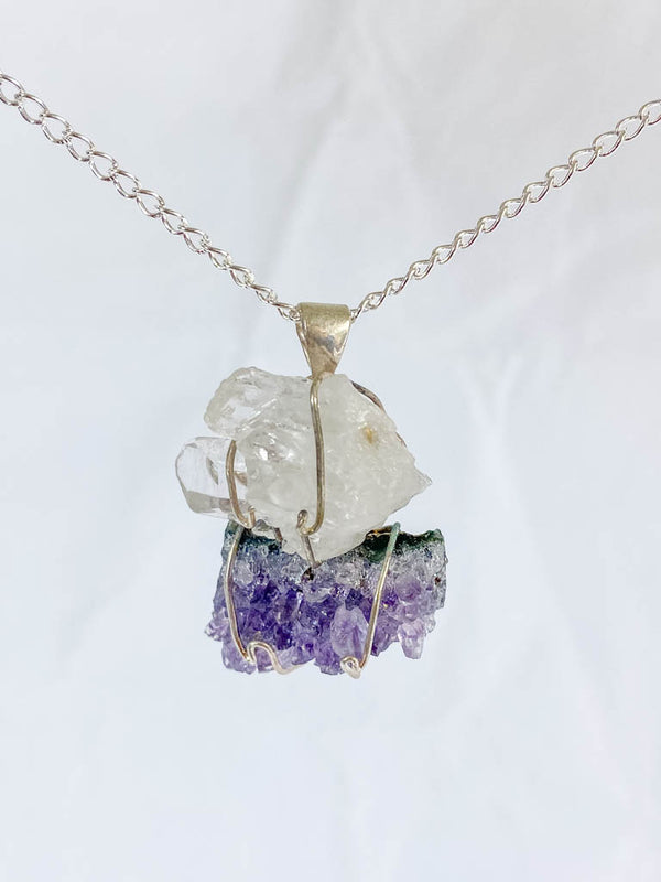 Clear Quartz and Amethyst Connection Necklace with Silver Chain