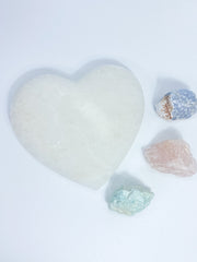 Harmony Trio Heart Plate: Selenite + Amazonite + Blue Calcite + Rose Quartz