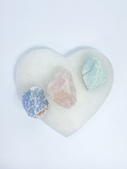 Harmony Trio Heart Plate: Selenite + Amazonite + Blue Calcite + Rose Quartz