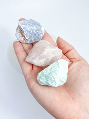 Harmony Trio Heart Plate: Selenite + Amazonite + Blue Calcite + Rose Quartz
