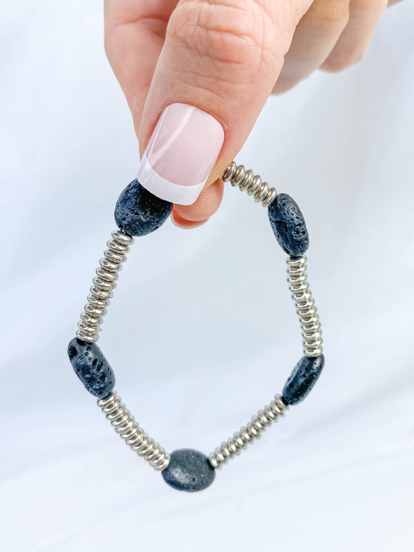 Lava Stone Silver Bead Bracelet | Medium