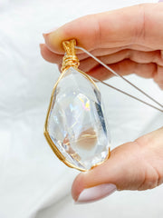 Enchanted Clear Quartz Gold Wrapped Rainbow Pendant