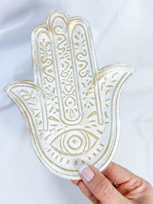 Hamsa Wooden Dish | White