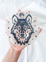 Selenite Wolf Totem Plate Full Moon | Large