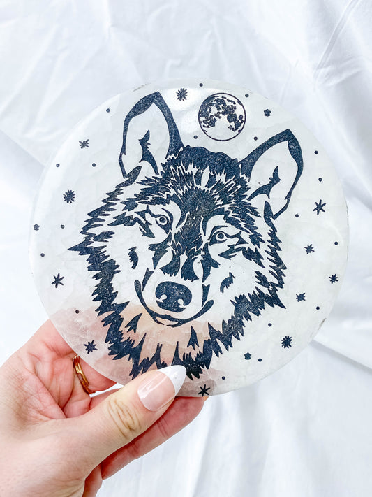 Selenite Wolf Totem Plate Full Moon | Large