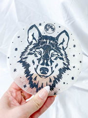 Selenite Wolf Totem Plate Full Moon | Large