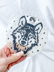Selenite Wolf Totem Plate Full Moon | Large