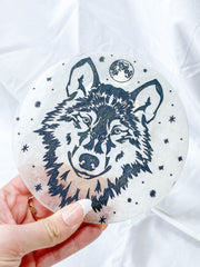 Selenite Wolf Totem Plate Full Moon | Large