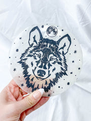 Selenite Wolf Totem Plate Full Moon | Large