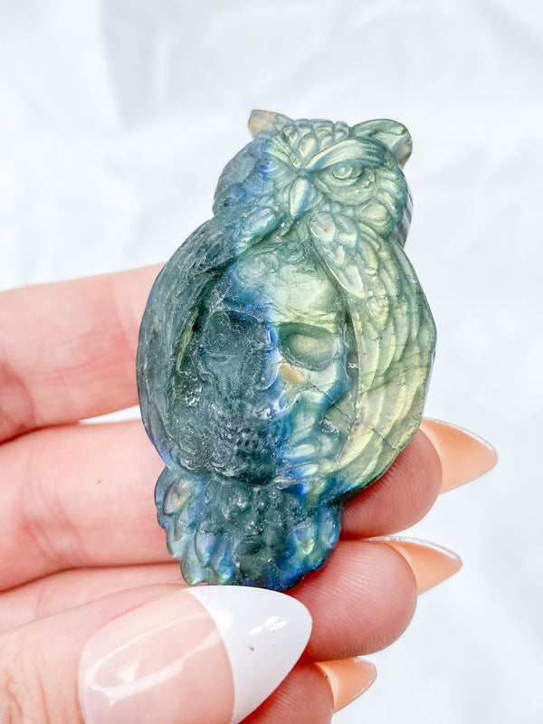 Labradorite Owl and Skull Carving
