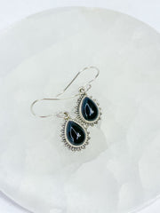 Black Onyx Teardrop Flower Sterling Silver Earring