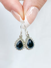Black Onyx Teardrop Flower Sterling Silver Earring
