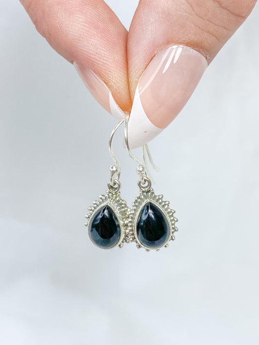 Black Onyx Teardrop Flower Sterling Silver Earring