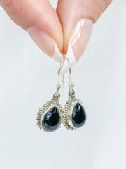 Black Onyx Teardrop Flower Sterling Silver Earring