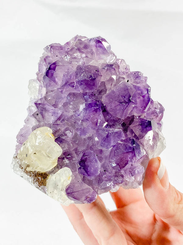 Amethyst CutBase Cluster with Calcite and Druzy Inclusions 441g