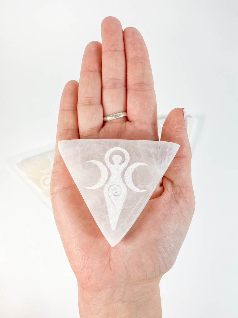 Selenite Triple Goddess Pyramid Plate | Medium