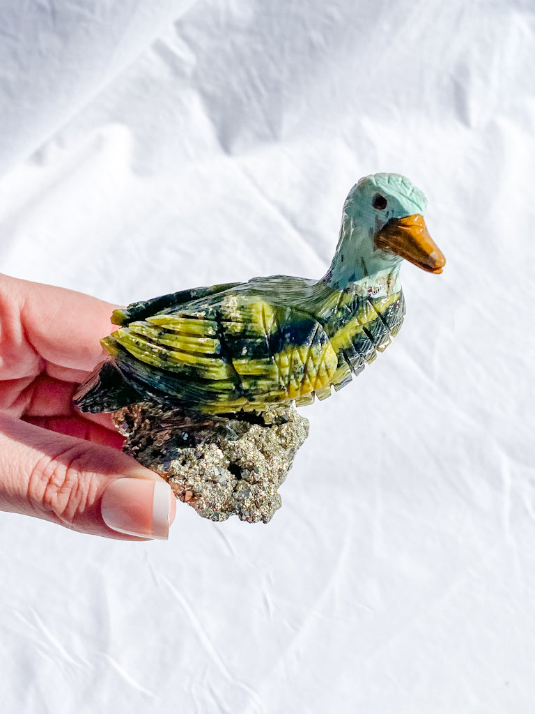 Peruvian Carved Crystal Duck on Pyrite Cluster 207g