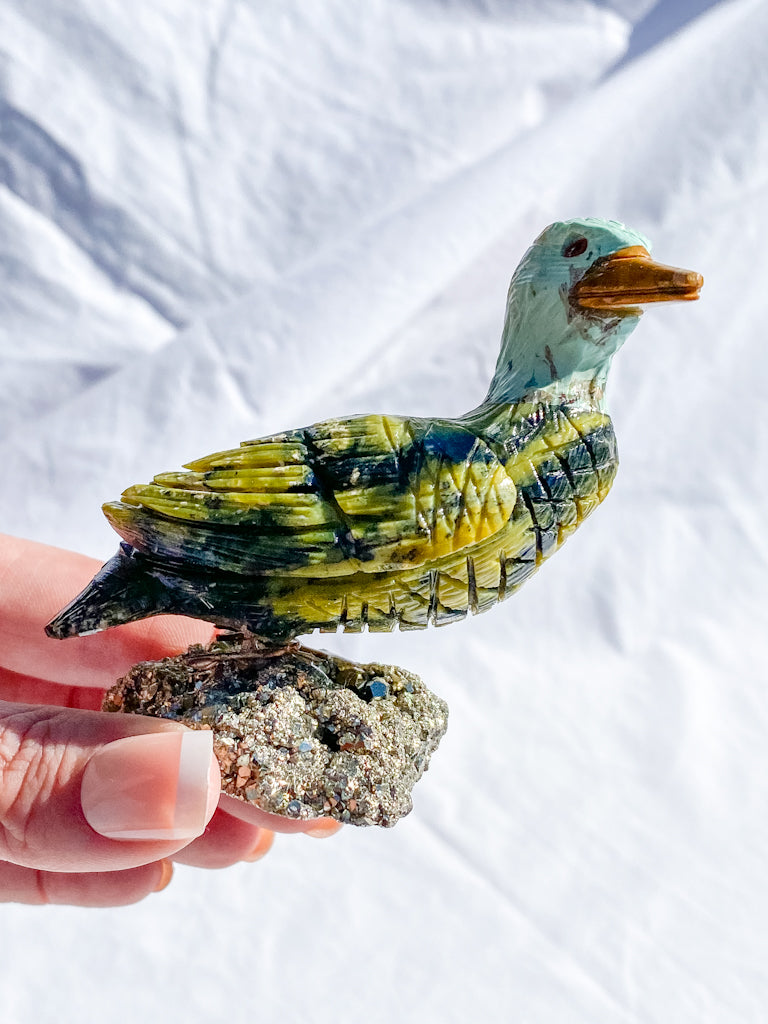 Peruvian Carved Crystal Duck on Pyrite Cluster 207g