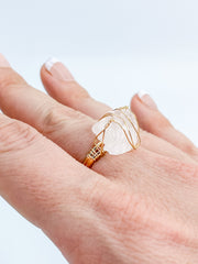 Rose Quartz Ring Gold Plated Wire Wrapped