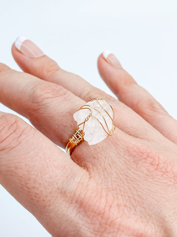 Rose Quartz Ring Gold Plated Wire Wrapped