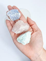 Harmony Trio Heart Plate: Selenite + Amazonite + Blue Calcite + Rose Quartz