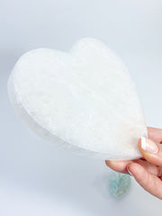 Harmony Trio Heart Plate: Selenite + Amazonite + Blue Calcite + Rose Quartz